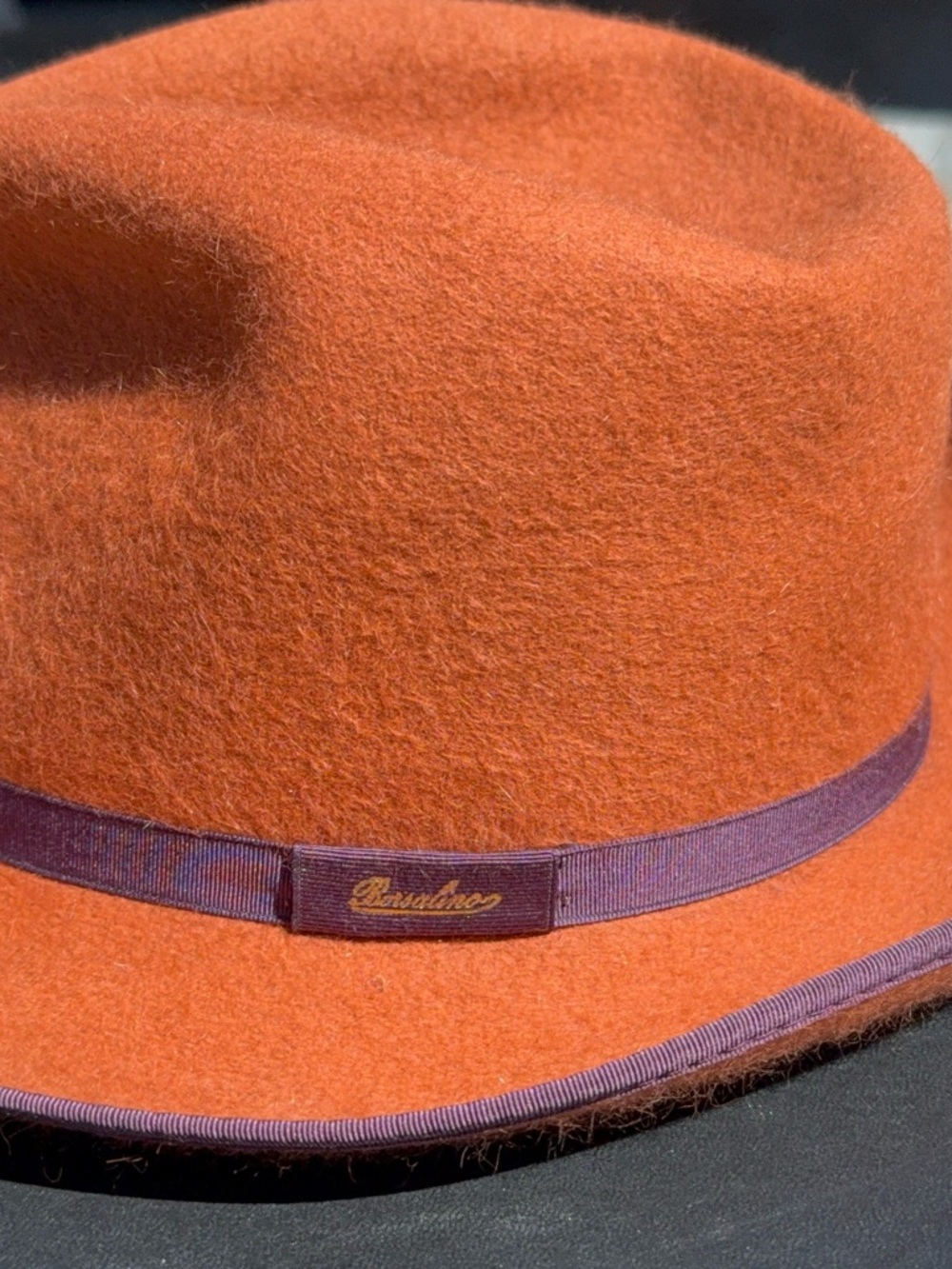 Borsalino Rust Orange Wool Felt Fedora with Purple Band Traveller Light